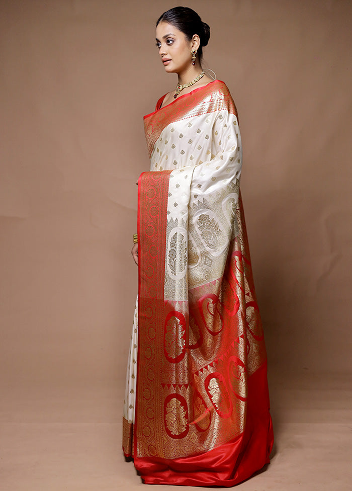 Cream Banarasi Silk Saree With Blouse Piece Cheap Sale Pick A Best