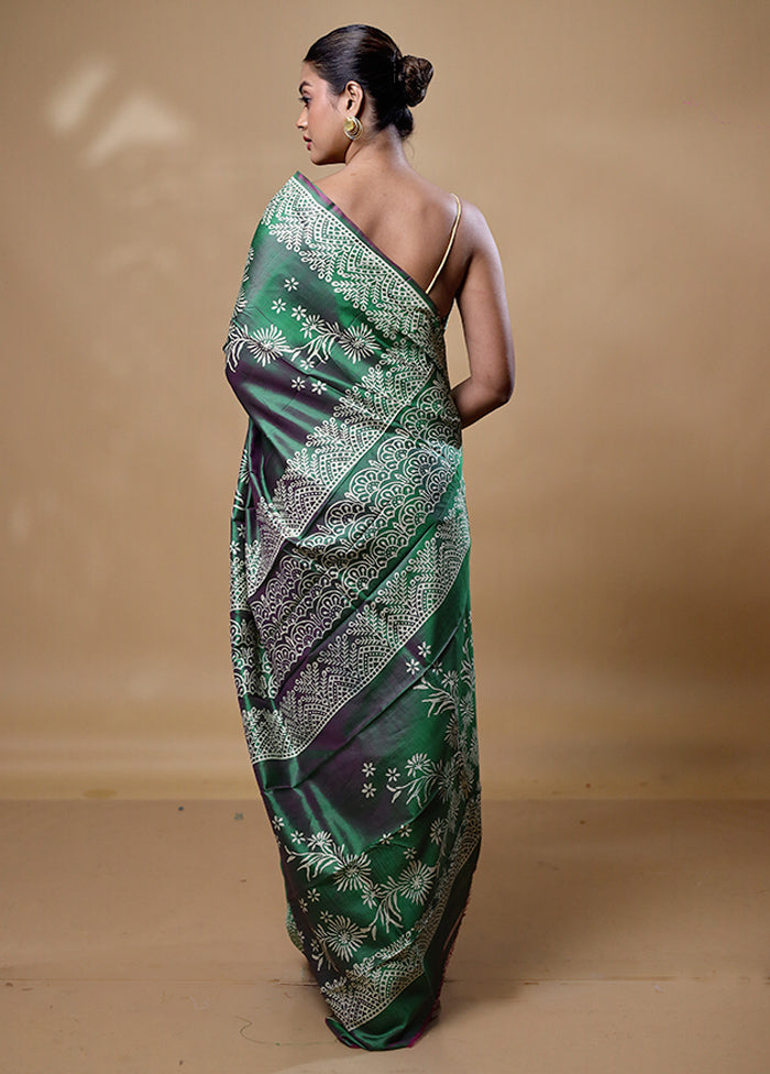 Green Printed Pure Silk Saree Without Blouse Piece Discount Collections