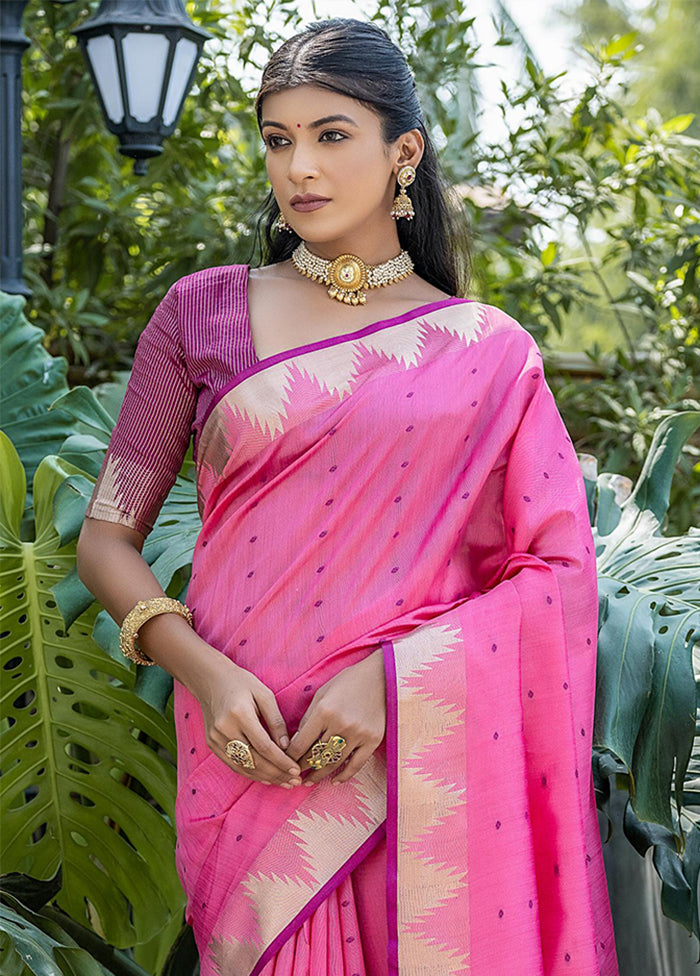 Pink Tussar Silk Saree With Blouse Piece Extremely For Sale