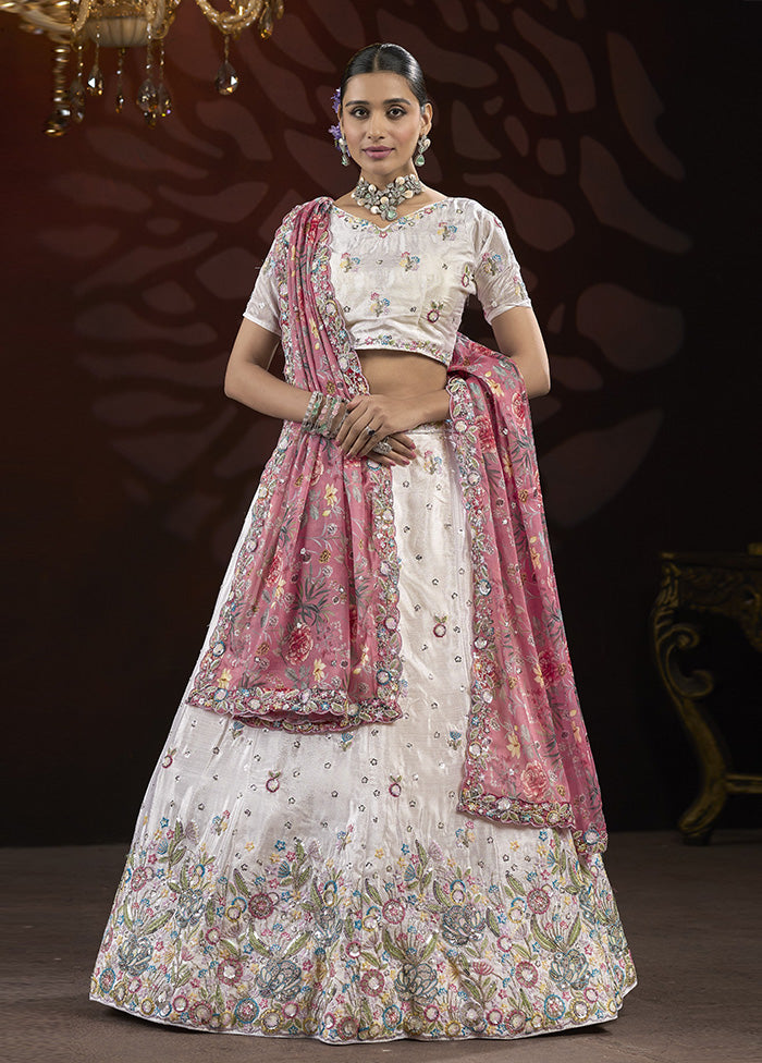 3 Pc White Silk Semi Stitched Lehenga Set Free Shipping For Cheap