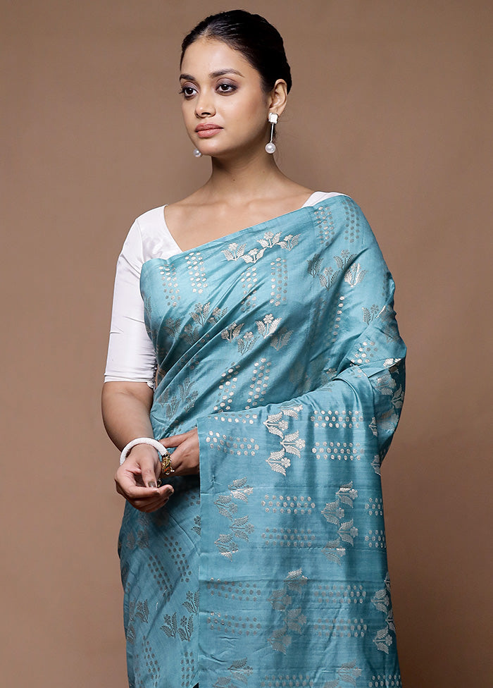 Blue Dupion Silk Saree With Blouse Piece Free Shipping Release Dates