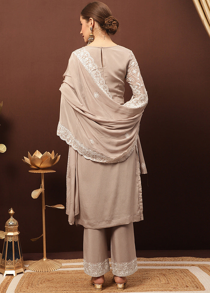 3 Pc Beige Unstitched Suit Set With Dupatta Discount Authentic Online