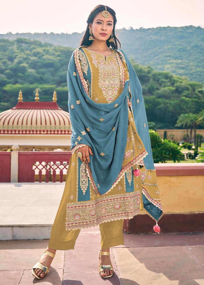 3 Pc Light Yellow Semi Stitched Silk Suit Set Clearance Official