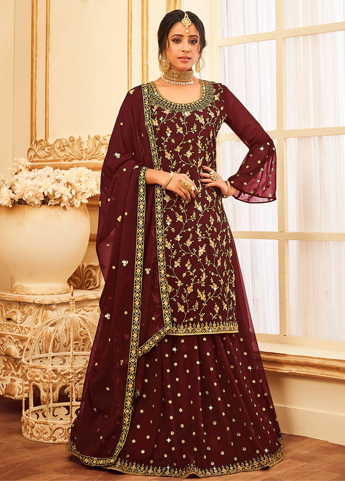 3 Pc Maroon Semi Stitched Georgette Suit Set Cheap Visit