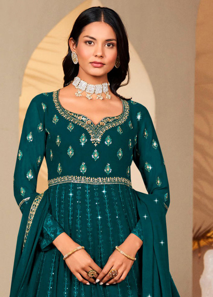 3 Pc Teal Unstitched Georgette Suit Set Outlet Where Can You Find