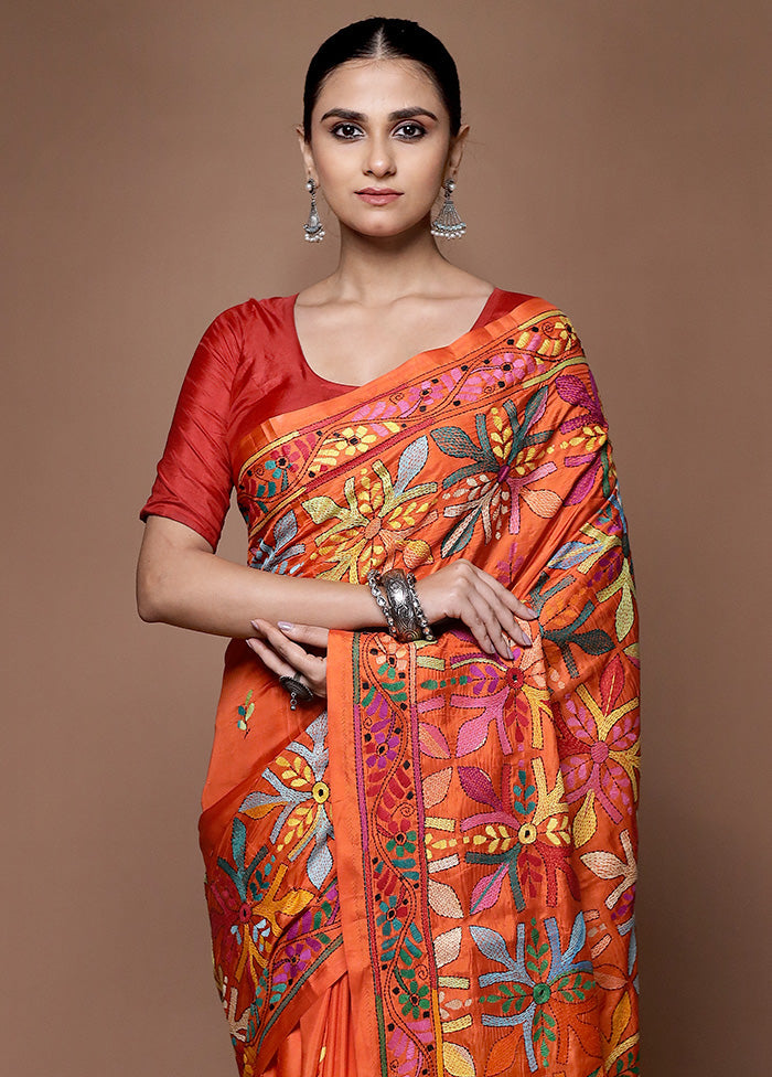 Orange Kantha Stitch Silk Saree With Blouse Piece Finishline Cheap Online