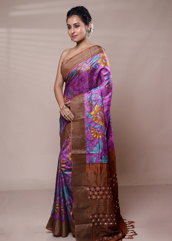 Purple Tussar Silk Saree With Blouse Piece Shop For Cheap Online