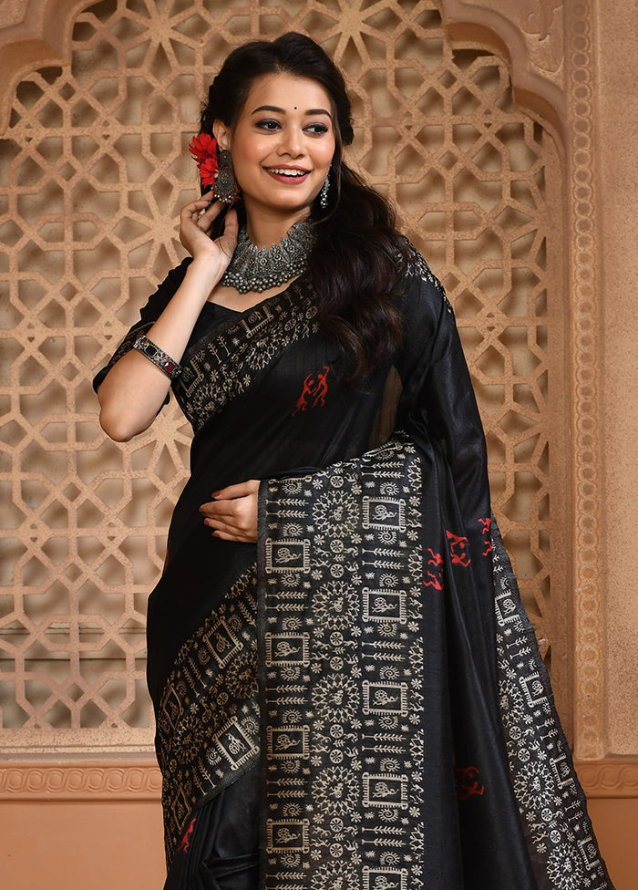 Black Spun Silk Saree With Blouse Piece Outlet Online Shop