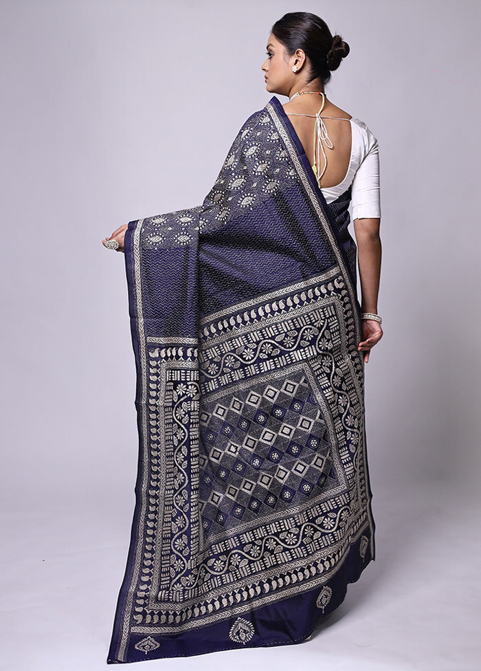 Blue Handloom Kantha Stitch Pure Silk Saree With Blouse Piece For Sale Free Shipping