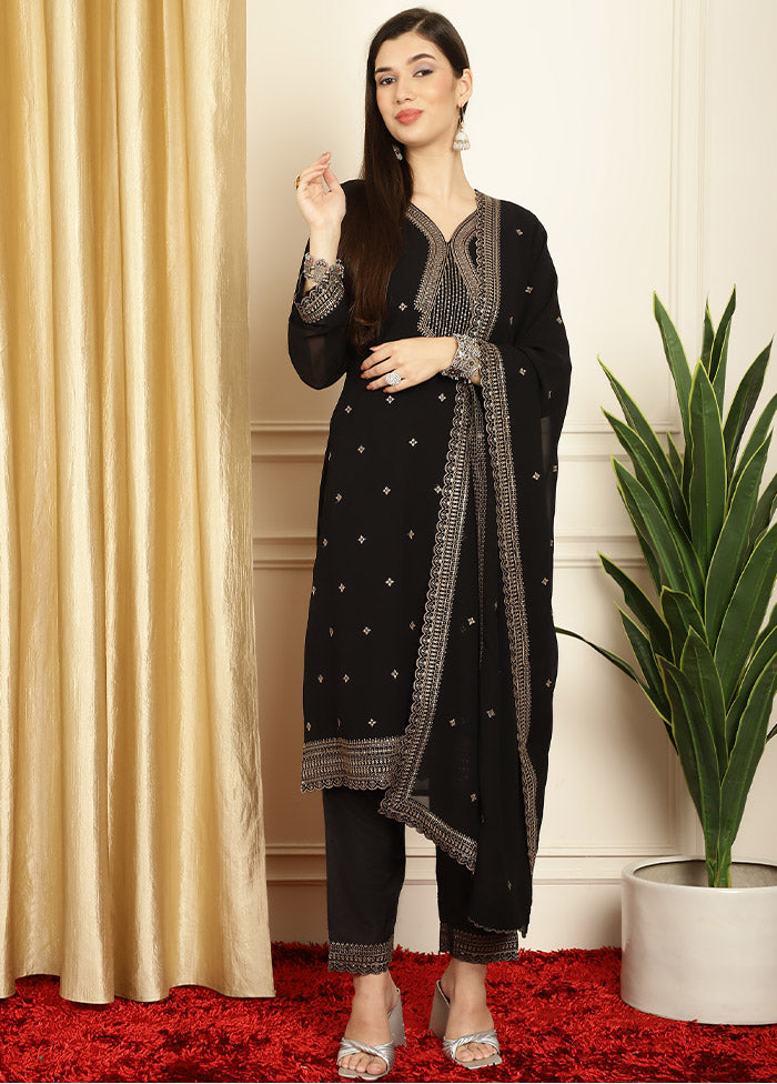 3 Pc Black Unstitched Georgette Suit Set Discount Best