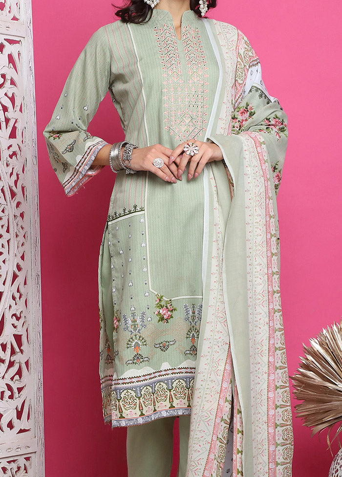 3 Pc Green Unstitched Cotton Suit Set Cheapest Pice Cheap Online