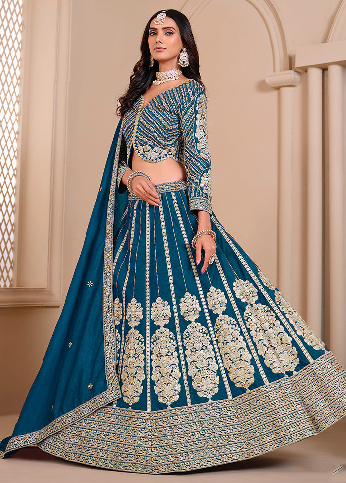 3 Pc Teal Blue Silk Semi Stitched Lehenga Set Comfortable Cheap Pice