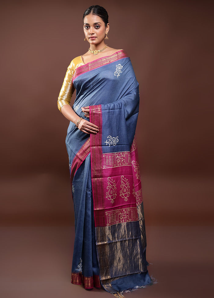 Blue Tussar Silk Saree With Blouse Piece Free Shipping Pick A Best