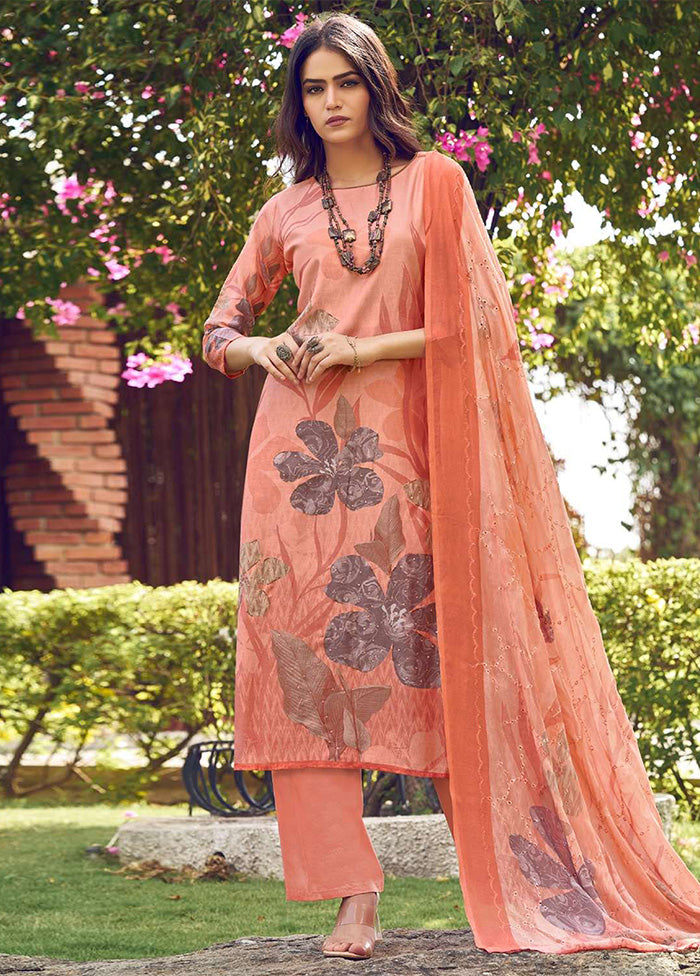 3 Pc Peach Semi Stitched Silk Dupatta Suit Set Best Pices