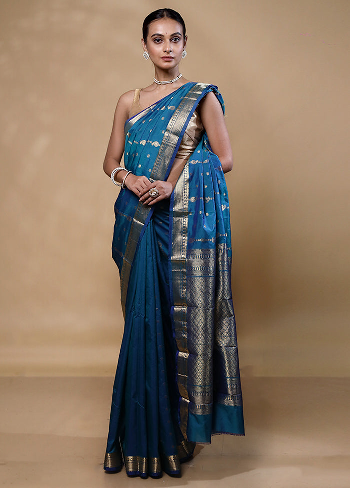 Blue Kanjivaram Silk Saree With Blouse Piece Supply Sale Online