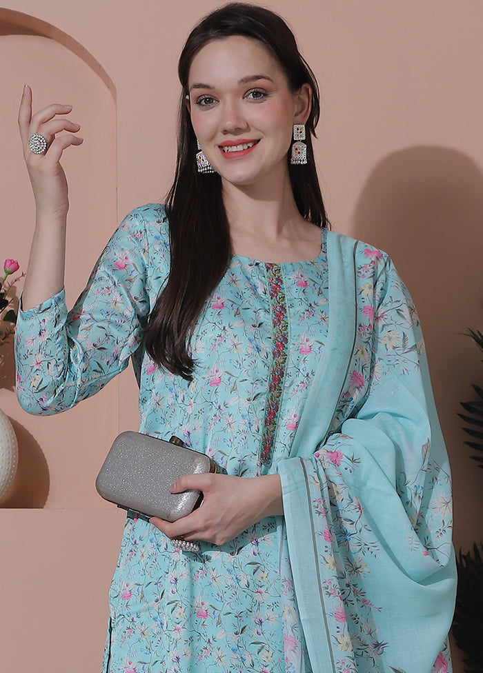 3 Pc Turquoise Unstitched Silk Suit Set Cheap Sale Comfortable