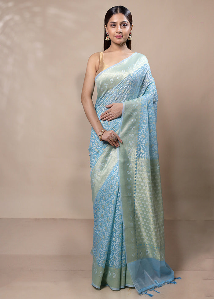 Sky Blue Kora Silk Saree With Blouse Piece 2025 Cheap Pice