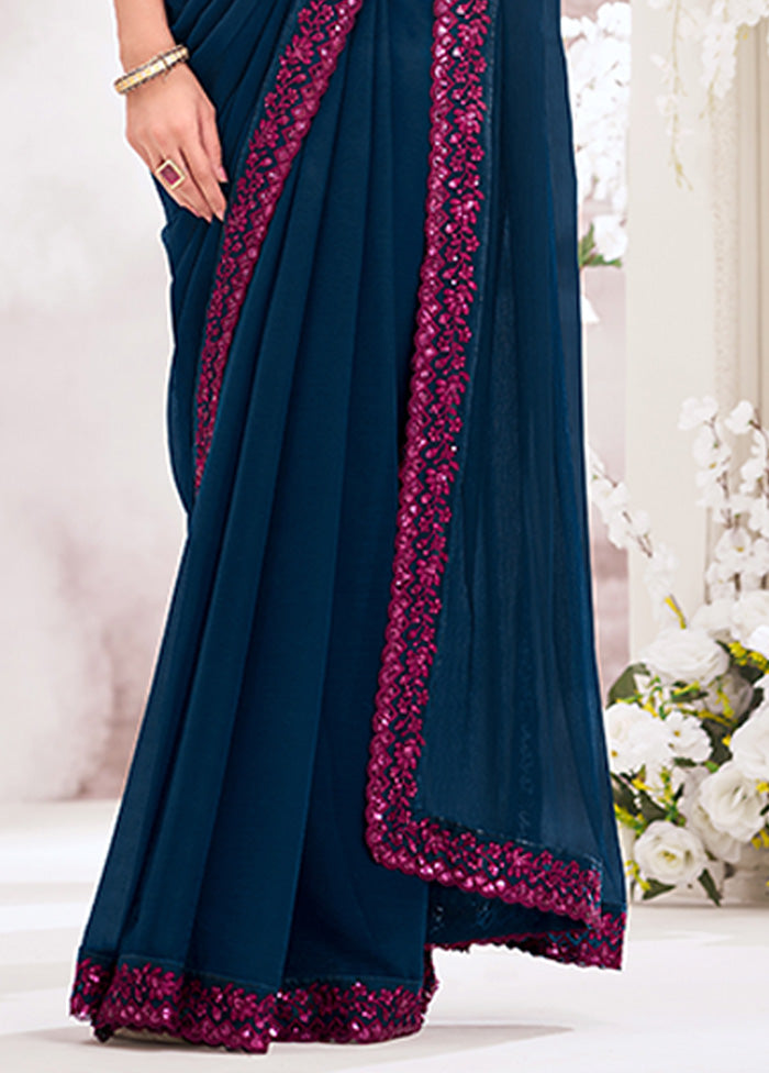 Navy Blue Chiffon Silk Saree With Blouse Piece Best Sale For Sale