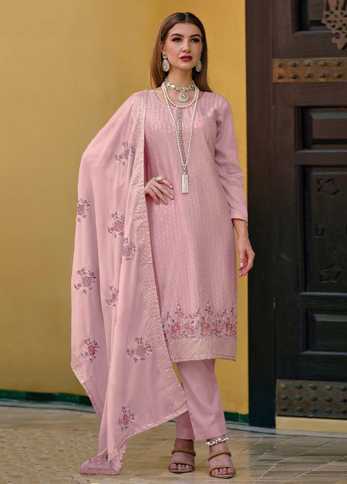 3 Pc Light Pink Semi Stitched Georgette Suit Set Outlet Cheap