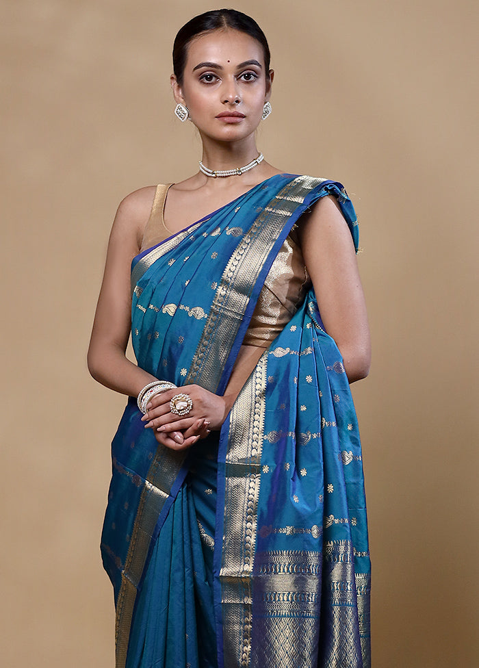 Blue Kanjivaram Silk Saree With Blouse Piece Supply Sale Online