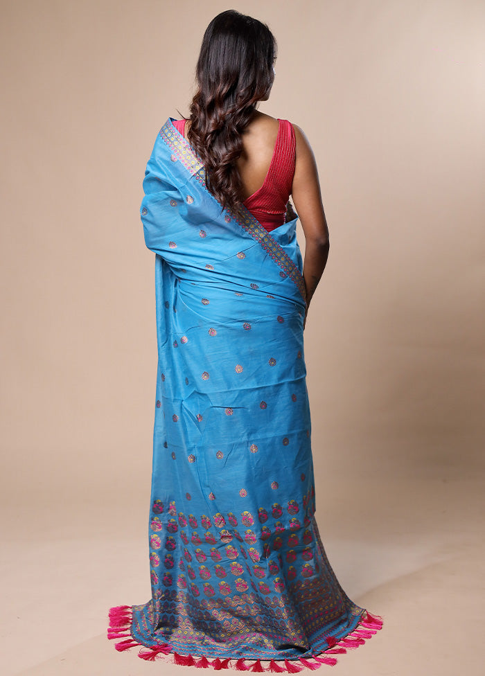 Blue Assam Silk Saree With Blouse Piece Sale 2025