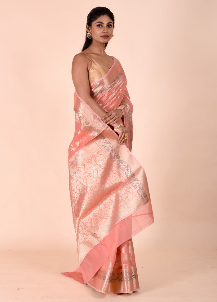 Peach Kota Cotton Saree With Blouse Piece Cheap Sale Buy