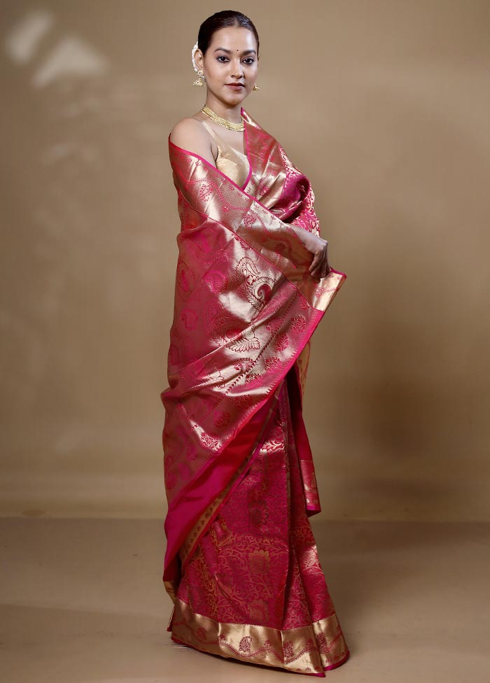 Pink Handloom Kanjivaram Pure Silk Saree With Blouse Piece With Credit Card