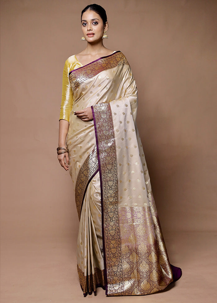 Cream Banarasi Silk Saree With Blouse Piece Cheap Sale Perfect