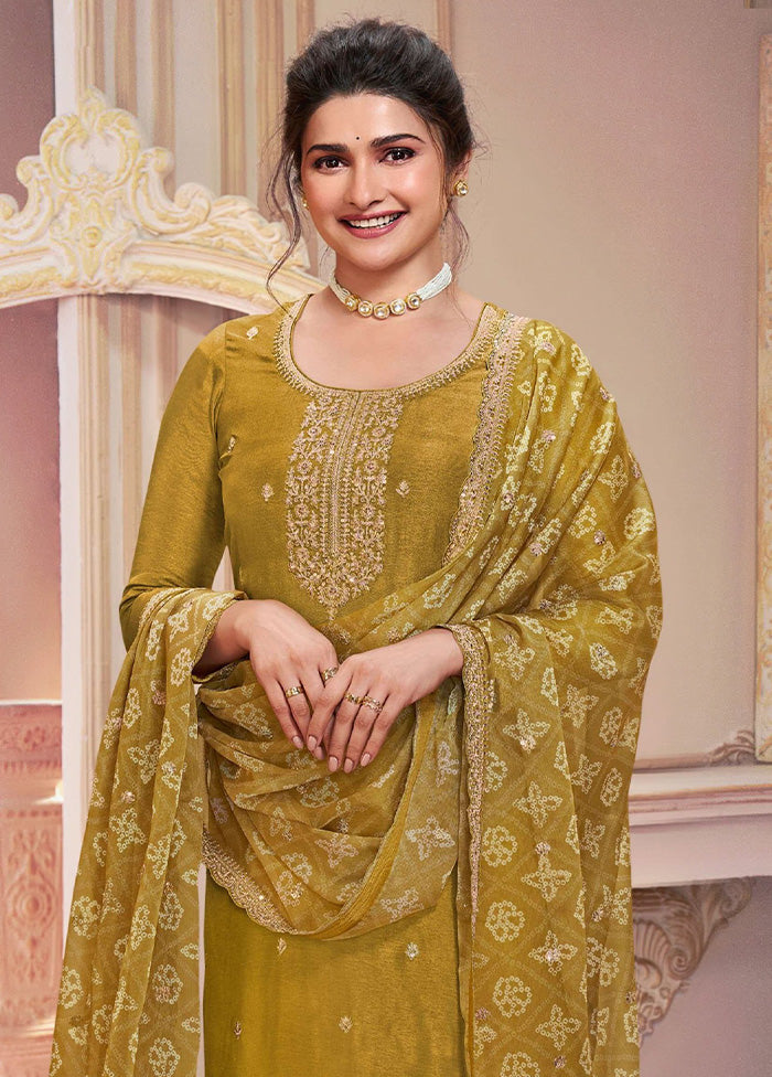 3 Pc Mustard Semi Stitched Georgette Suit Set Clearance Classic