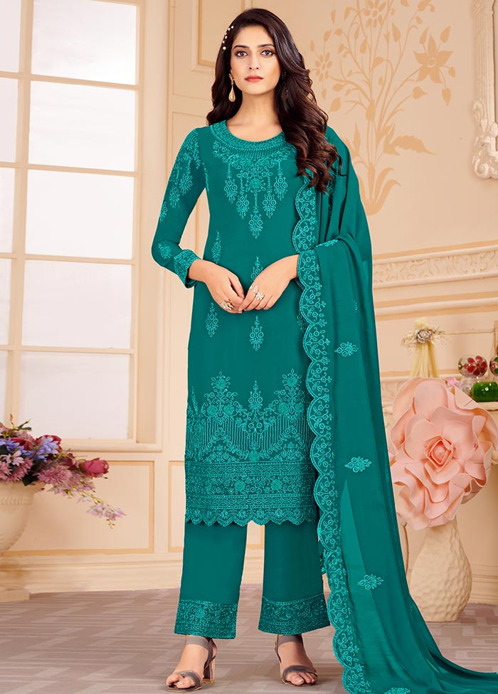 3 Pc Green Unstitched Georgette Suit Set Clearance Cost