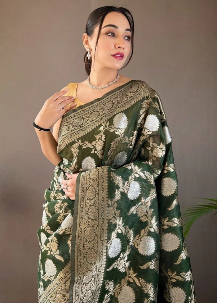 Dark Green Banarasi Silk Saree With Blouse Piece For Cheap Pice