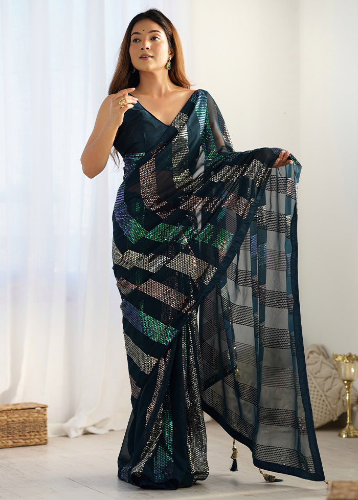 Teal Blue Georgette Saree With Blouse Piece Release Dates Sale Online