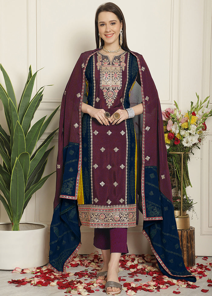 3 Pc Magenta Unstitched Silk Suit Set Fashion Style Online