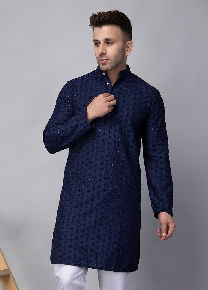 2 Pc Navy Blue Viscose Kurta Pajama Set Cheap Exclusive