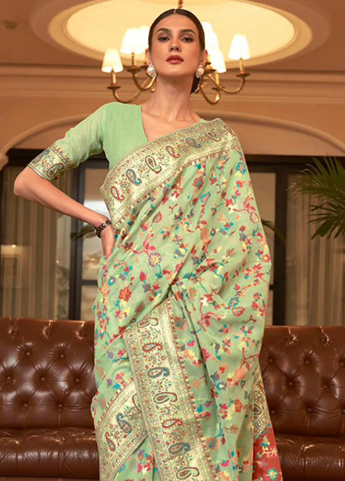 Pista Green Banarasi Silk Saree With Blouse Piece Low Pice Cheap Online