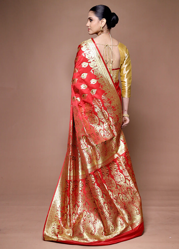 Red Banarasi Silk Saree With Blouse Piece Sale 100% Authentic