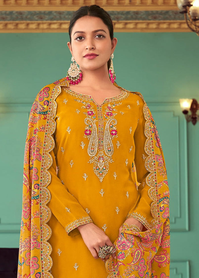 3 Pc Mustard Semi Stitched Georgette Suit Set Discount 2025 Newest