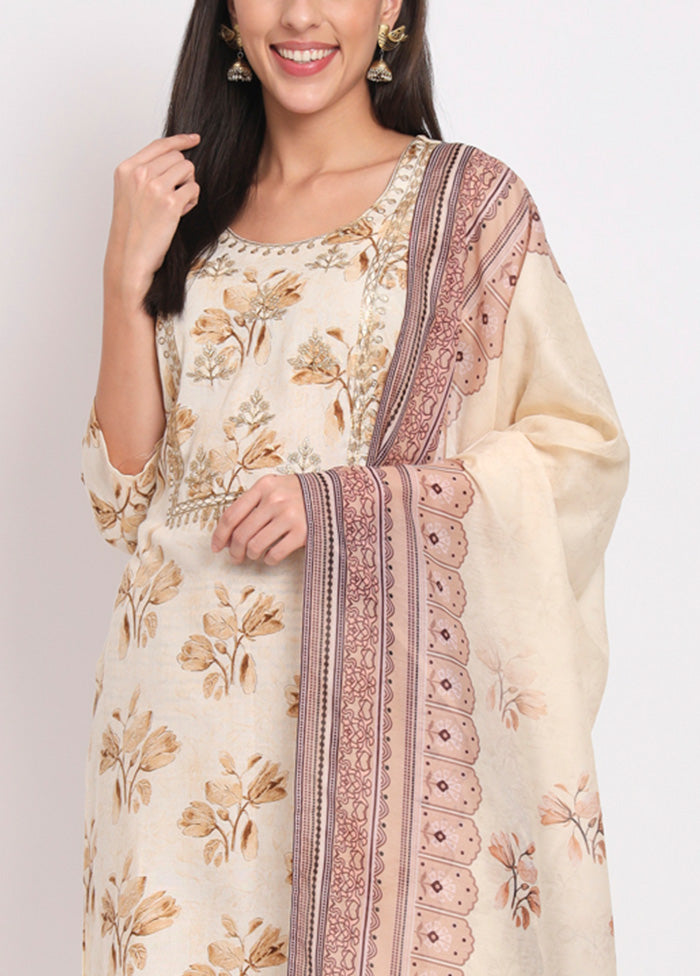 3 Pc Cream Readymade Cotton Dupatta Suit Set Official Sale Online