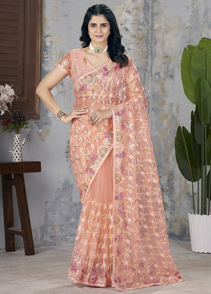 Orange Net Net Saree With Blouse Piece Free Shipping Tumblr