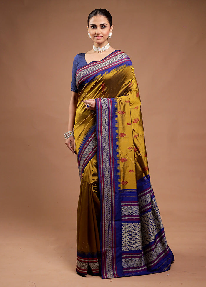 Mustard Kanjivaram Silk Saree With Blouse Piece Clearance 100% Guaranteed