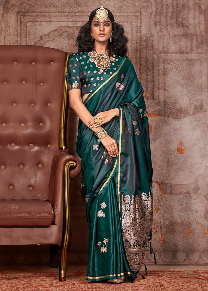 Green Satin Silk Saree With Blouse Piece For Sale Top Quality