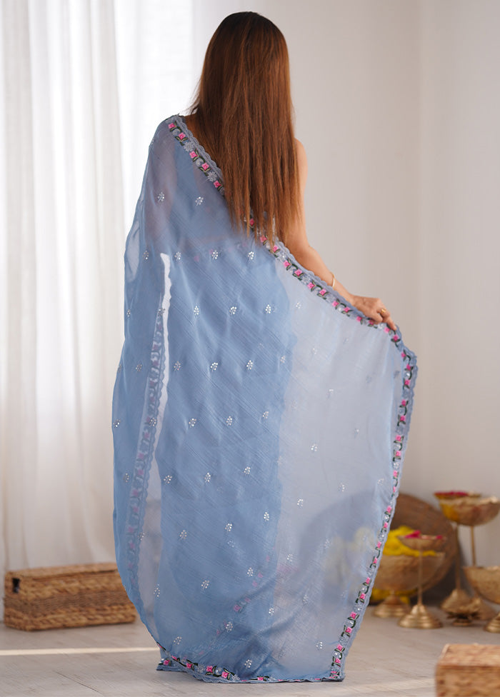 Sky Blue Spun Silk Saree With Blouse Piece Discount Release Dates