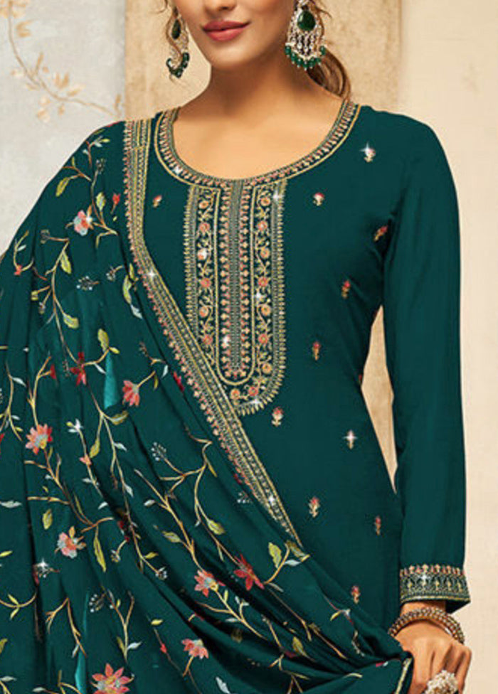 3 Pc Teal Green Semi Stitched Georgette Suit Set 2025 Newest Online