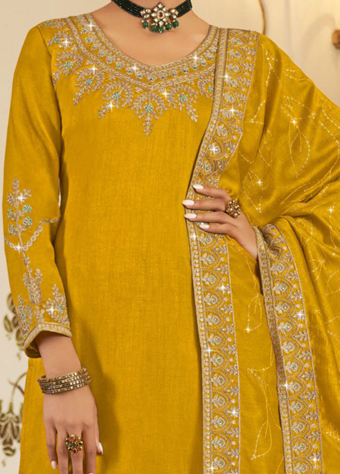 3 Pc Yellow Pure Semi Stitched Silk Suit Set Amazing Pice