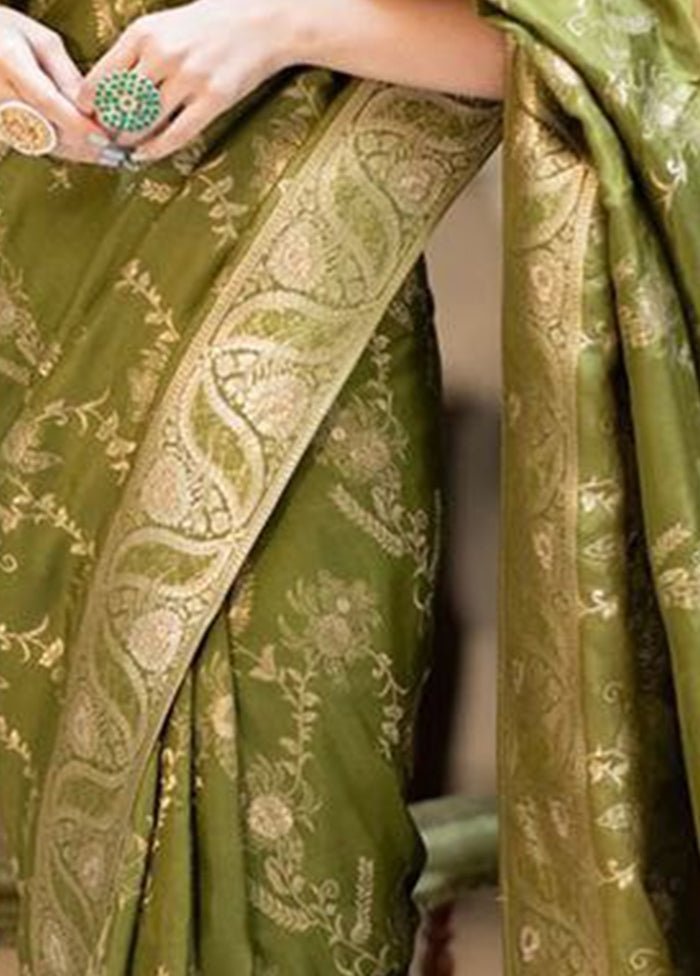 Mehendi Green Banarasi Silk Saree With Blouse Piece Cheap Sale The Cheapest