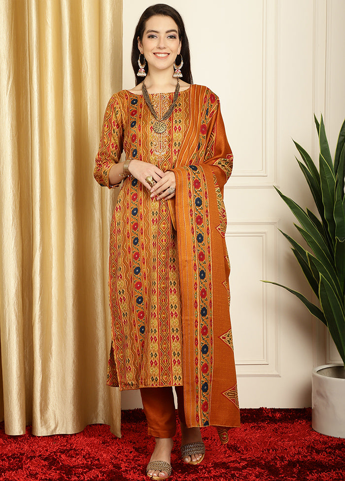 3 Pc Mustard Unstitched Pashmina Suit Set Discount