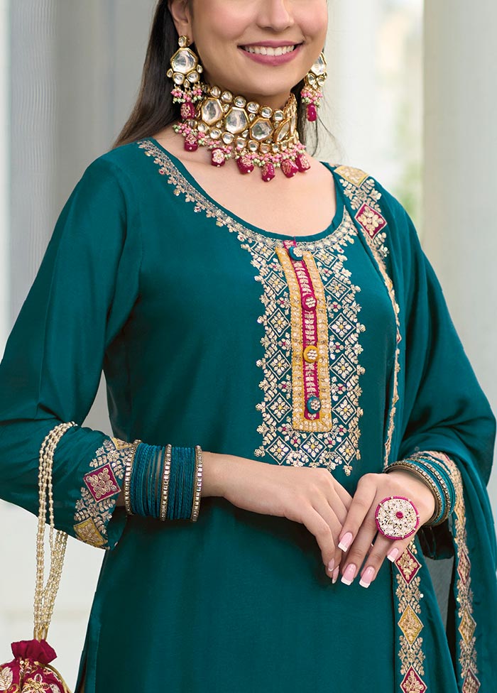 3 Pc Teal Green Semi Stitched Georgette Suit Set Sale In China