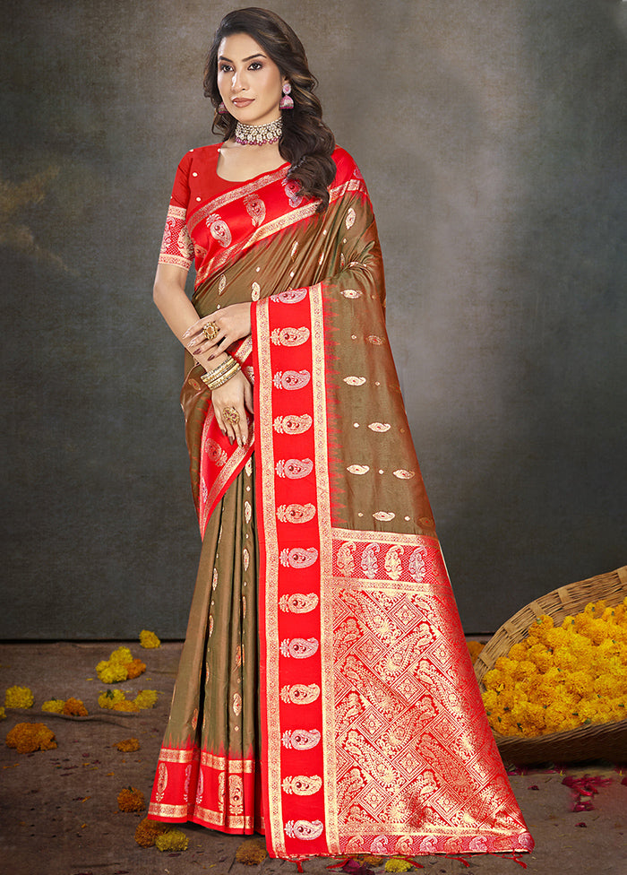 Brown Dupion Silk Saree With Blouse Piece Pay With Visa Cheap Pice