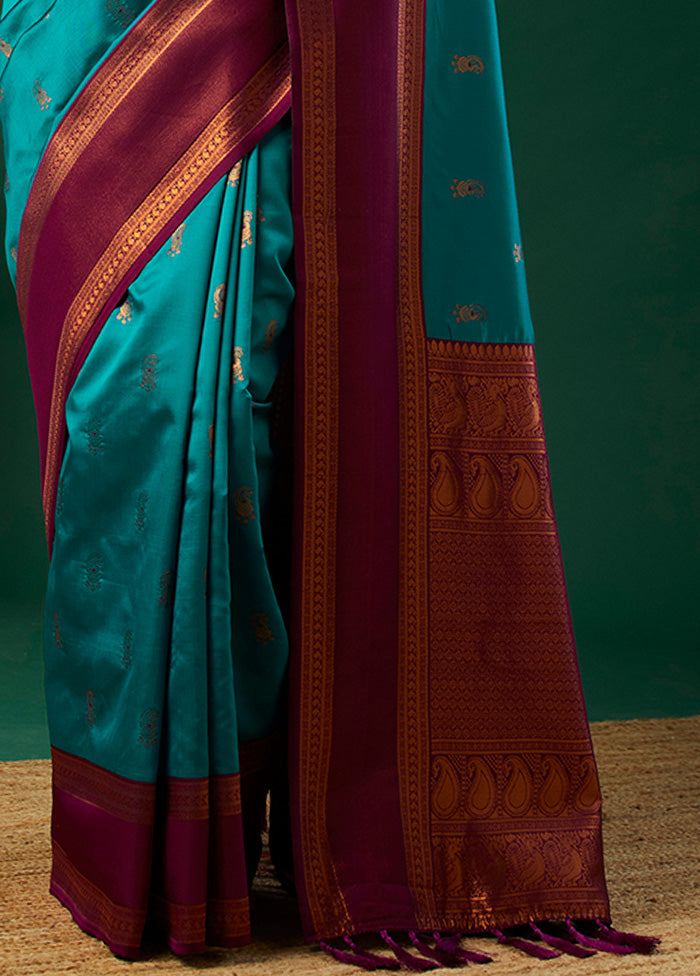 Aqua Banarasi Silk Saree With Blouse Piece Clearance Pre Order