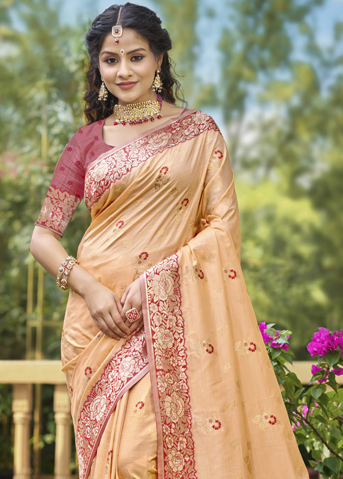 Peach Spun Silk Saree With Blouse Piece Free Shipping Online